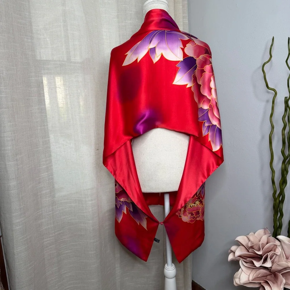 100% Silk Peony Wrap Shawl Floral Frog Knot Red Pink Purple Asian Art Drape